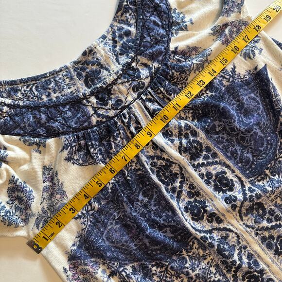 Lucky Brand Boho Top Womens Small Blue & Cream Embroidered Knit Linen Cotton - Picture 6 of 7